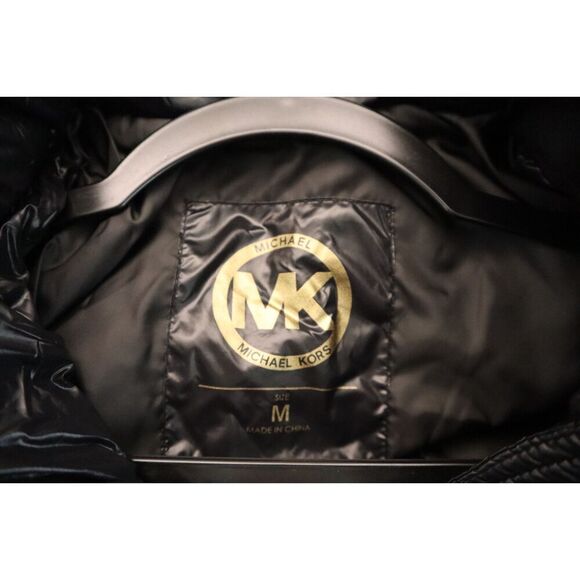 Michael Kors Women Sz M Black Faux-Fur-Trim Mixed Media Hooded Quilted Coat - Picture 4 of 16